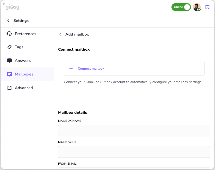 Add mailbox with Connect mailbox and manual fields