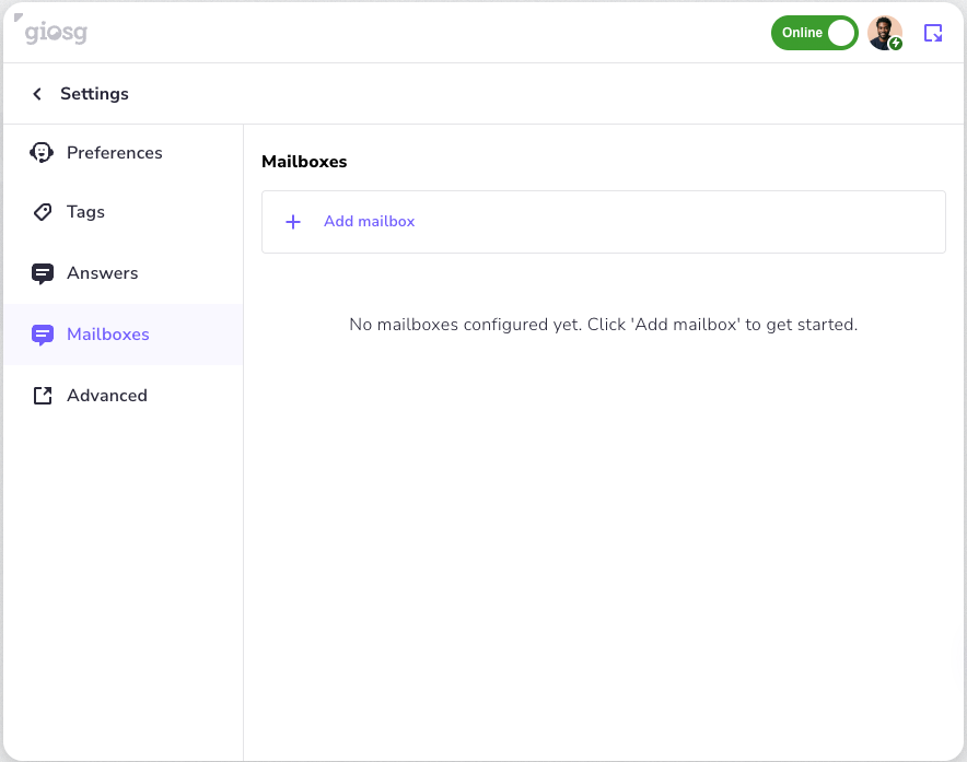 Mailboxes settings with Add mailbox