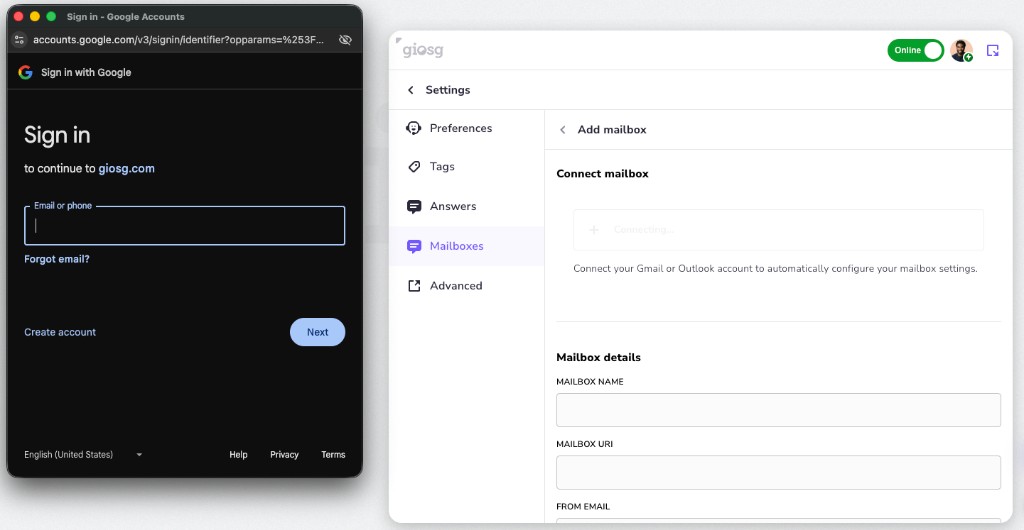 Google sign-in during mailbox connection