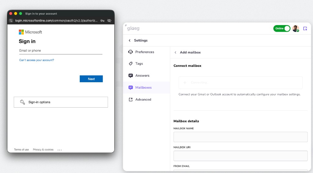 Microsoft sign-in during mailbox connection