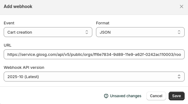 Example webhook configuration in shopify admin
